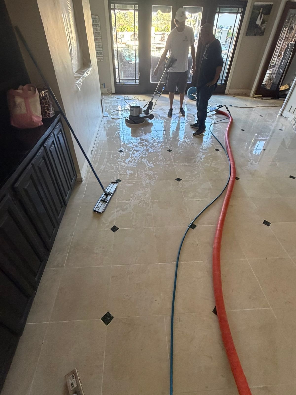La Paz Floor Care crew diamond polishing a limestone floor in Coto de Caza, CA