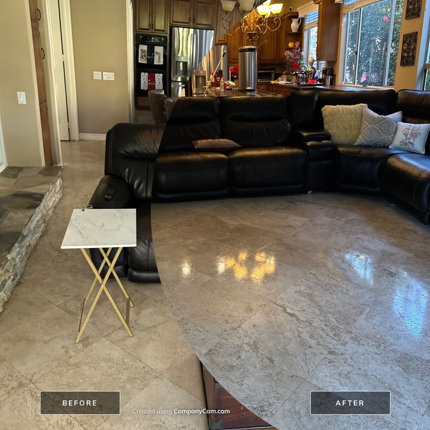 Travertine floor before and after polishing in Dana Point, CA