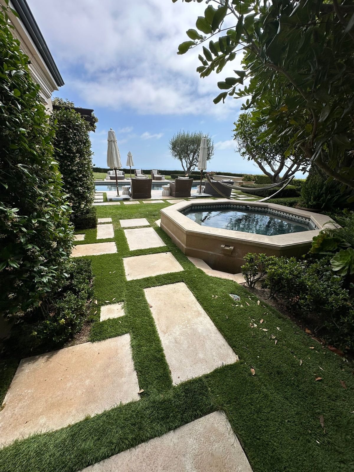 Limestone stepping stones and spa cleaned in Ladera Ranch, CA