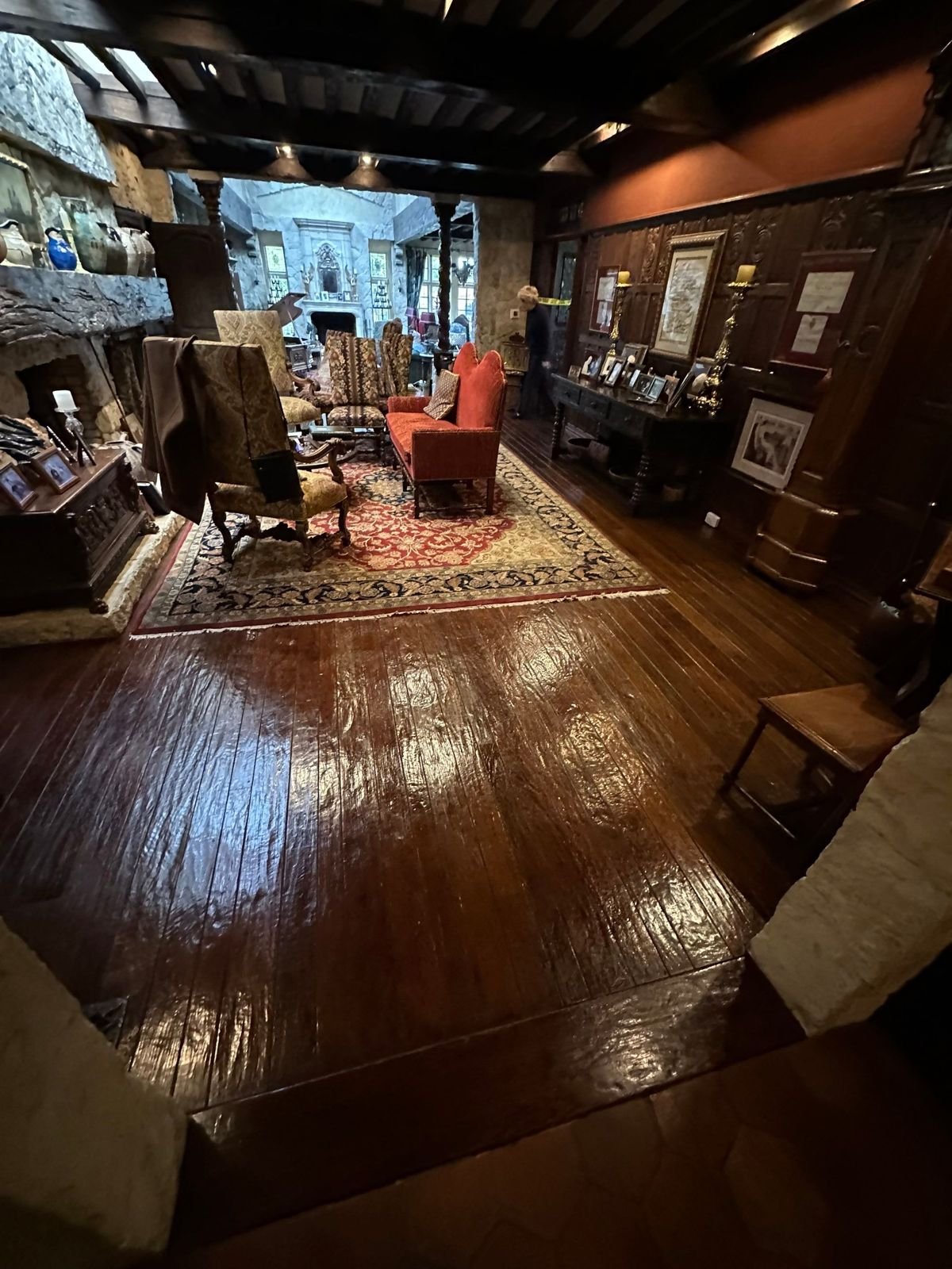 Hand-scraped plank hardwood refinished in an old-world great room in Laguna Beach, CA