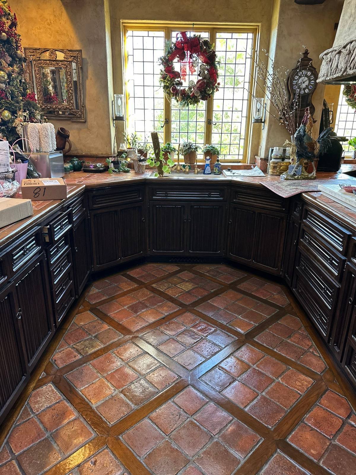 Antique terracotta tile with oak strapping cleaned and sealed in Laguna Beach, CA
