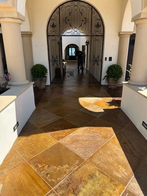 Slate entry courtyard cleaned and sealed in Laguna Hills, CA