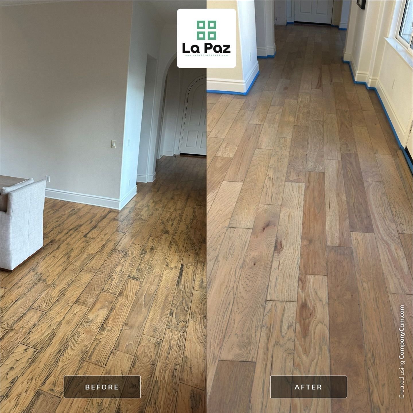 Hickory hardwood before and after refinishing in Laguna Hills, CA