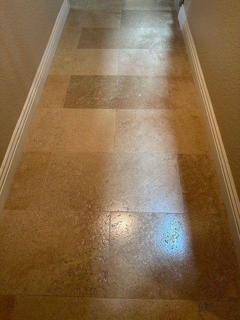 Travertine hallway restored and sealed in Laguna Niguel, CA