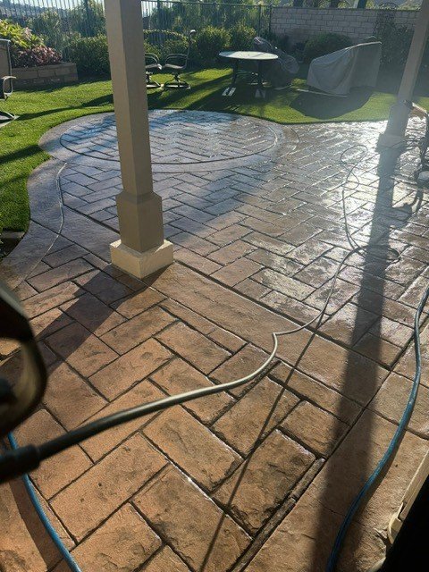 Stamped concrete patio pressure washed in Laguna Niguel, CA