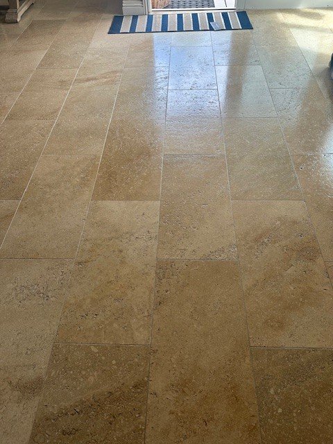 Restored travertine floor in a Laguna Niguel, CA home by La Paz Floor Care
